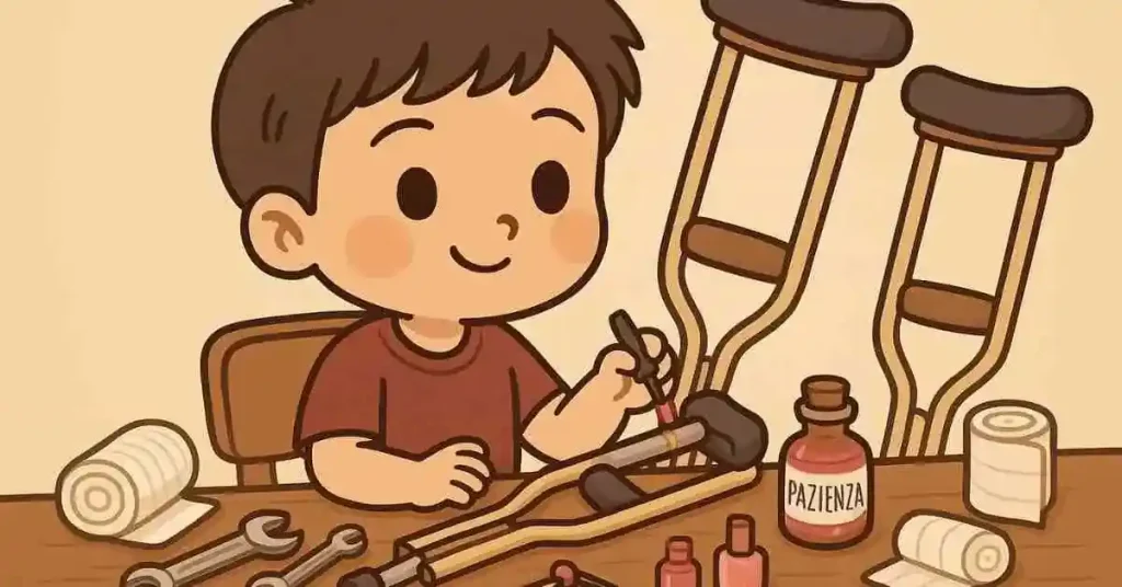 Ragazzo chibi al tavolo con stampelle, garze, smalto e boccetta 'PAZIENZA'