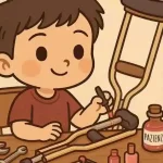 Cosa fare prima di mettere il fissatore esterno 4 Ragazzo chibi al tavolo con stampelle, garze, smalto e boccetta 'PAZIENZA'