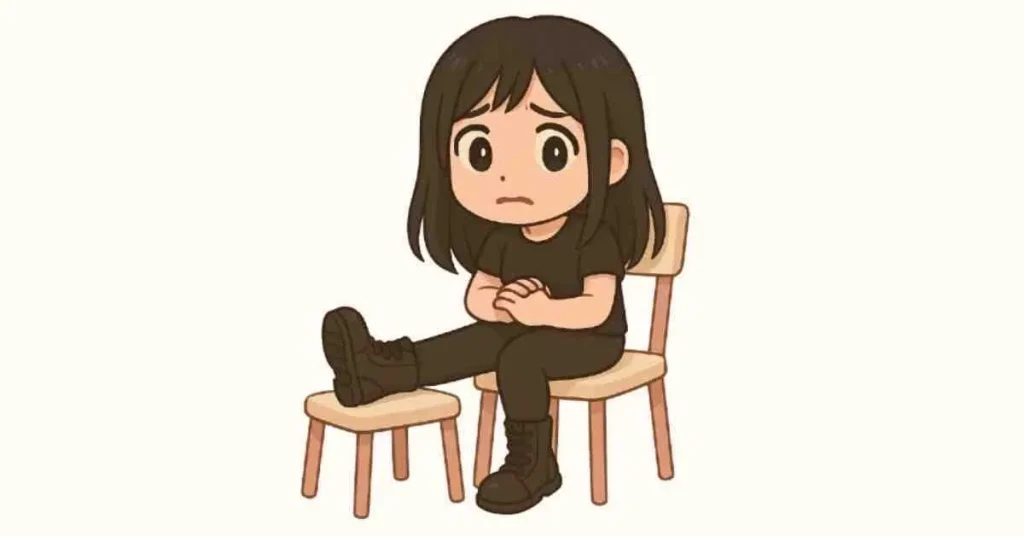 Ginocchio rigido: 5 cose a cui abituarsi 8 Ragazza chibi in nero seduta con gamba destra tesa, serena e determinata