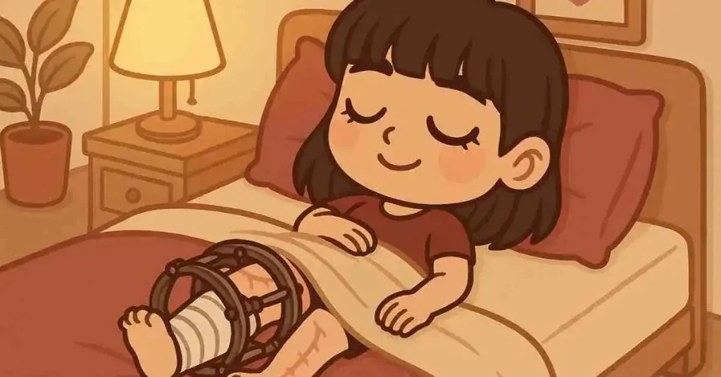 Convivenza con Ilizarov: 8 cose da sapere 7 Ragazza chibi dorme serena a letto con fissatore Ilizarov visibile sulla gamba