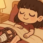 Convivenza con Ilizarov: 8 cose da sapere 5 Ragazza chibi dorme serena a letto con fissatore Ilizarov visibile sulla gamba