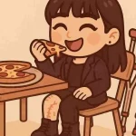 Visitare Napoli con una difficoltà motoria 3 Ragazza chibi seduta mangia pizza felice, con stampelle appoggiate accanto
