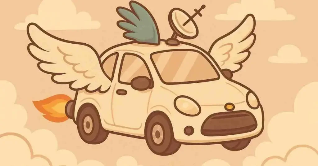 Adattamento auto per disabili: miniguida in 5 punti 3 Auto chibi fantastica con ali e ruote luminose, sospesa in aria su sfondo chiaro