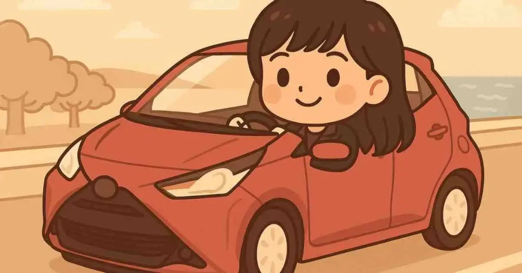 Patente speciale: tutto ciò che c'è da sapere 4 Ragazza chibi in Aygo rossa guida lungo la costa, mare a destra e sorriso sereno