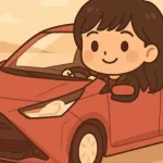Patente speciale: tutto ciò che c'è da sapere 4 Ragazza chibi in Aygo rossa guida lungo la costa, mare a destra e sorriso sereno