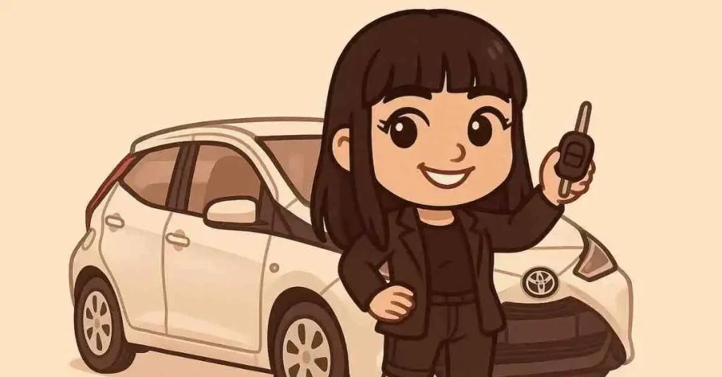 Acquistare auto per disabili in 5 passi 7 Chibi girl con frangetta mostra le chiavi davanti a una Toyota Aygo bianca