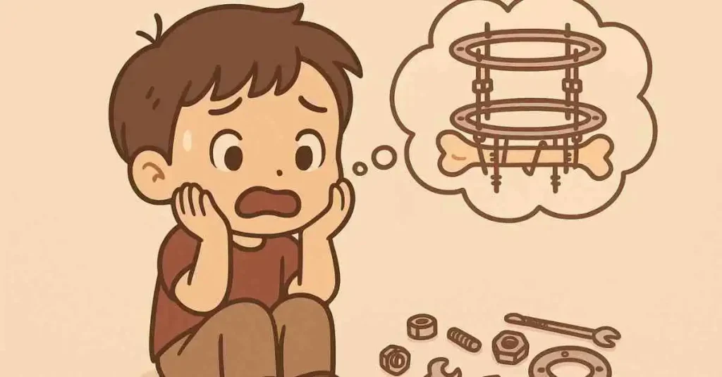 Miniguida contro la paura di mettere il fissatore esterno 1 Ragazzo chibi spaventato con nuvoletta che mostra un fissatore Ilizarov