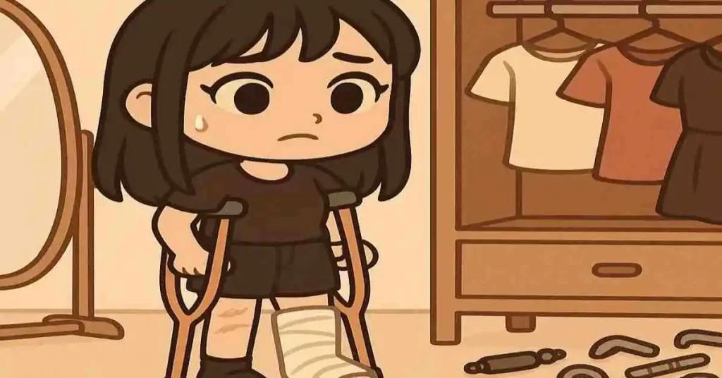 Cosa indossare col gesso: 4 pratici consigli 8 Ragazza chibi con gesso e stampelle davanti all’armadio, vicino a uno specchio