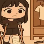 Cosa indossare col gesso: 4 pratici consigli 2 Ragazza chibi con gesso e stampelle davanti all’armadio, vicino a uno specchio