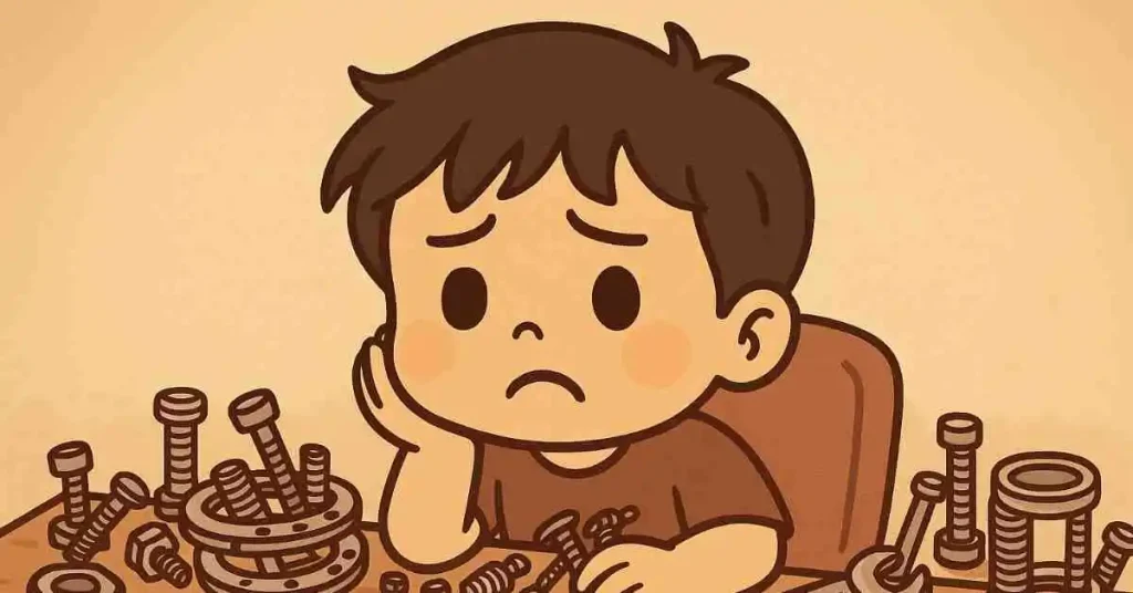 Come è fatto l'apparato Ilizarov? 6 Ragazzo chibi perplesso davanti a bulloni e chiavi sparse sul pavimento