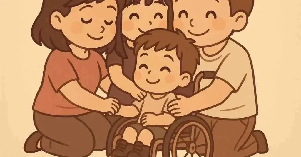 Avere un figlio con disabilità: il senso di colpa 2 Bimbo chibi in sedia a rotelle abbracciato da famiglia sorridente e unita