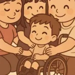 Avere un figlio con disabilità: il senso di colpa 4 Bimbo chibi in sedia a rotelle abbracciato da famiglia sorridente e unita
