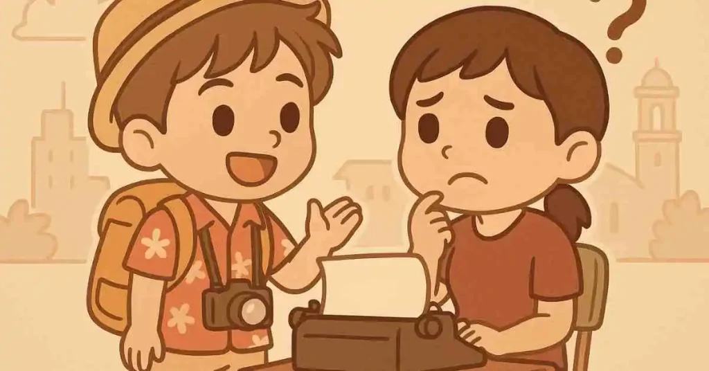 Come dimostrare l'invalidità all'estero 1 Ragazzo chibi turista con mappa chiede info a persona confusa che non capisce