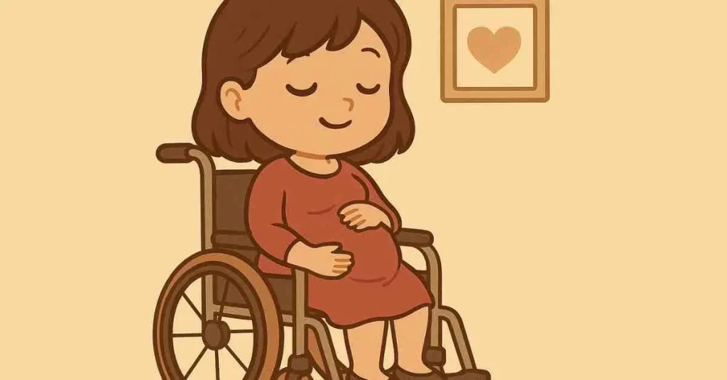 Maternità e disabilità: 4 pregiudizi 3 Donna chibi incinta con disabilità accarezza il pancione, serena su una sedia