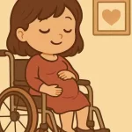 Maternità e disabilità: 4 pregiudizi 2 Donna chibi incinta con disabilità accarezza il pancione, serena su una sedia