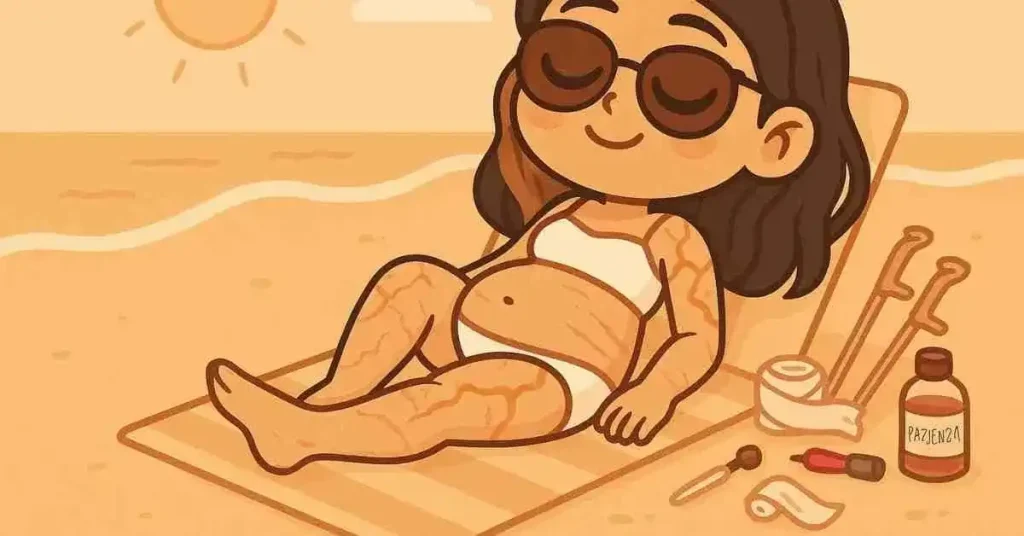Ragazza chibi sdraiata al sole su asciugamano, serena, con cicatrici visibili