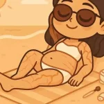 Come superare la difficoltà motoria al mare 1 Ragazza chibi sdraiata al sole su asciugamano, serena, con cicatrici visibili