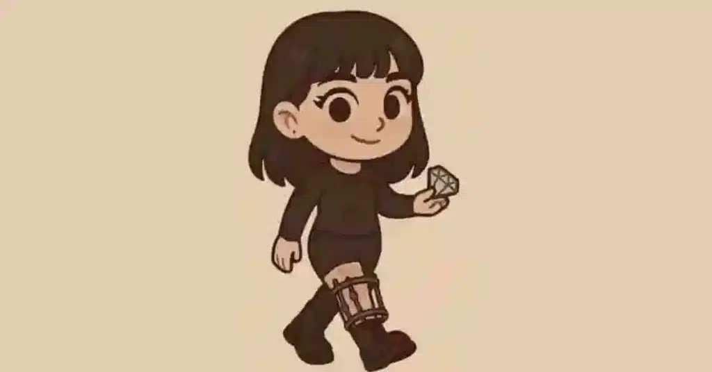 Ragazza chibi con fissatore alla gamba seduta su divano verde, sorride in casa