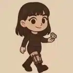 Allungamento degli arti con Ilizarov 3 Ragazza chibi con fissatore alla gamba seduta su divano verde, sorride in casa