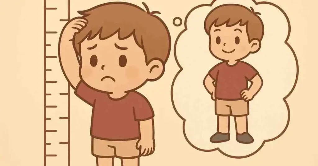 Bambino chibi si misura su parete con segni, guarda in alto con aria desiderosa