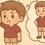 Si può diventare più alti? Si. Ecco come. 4 Bambino chibi si misura su parete con segni, guarda in alto con aria desiderosa