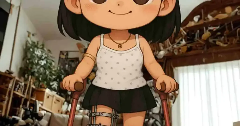 Ragazza chibi con fissatore e stampelle cammina sorridente in casa accogliente