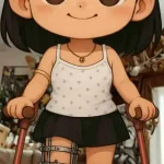 Ragazza chibi con fissatore e stampelle cammina sorridente in casa accogliente