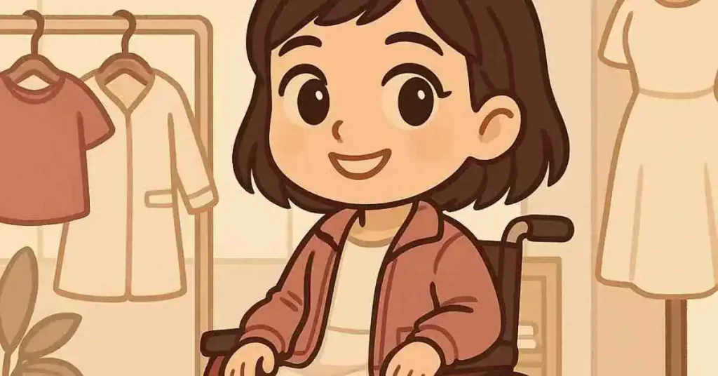 Modella chibi con disabilità indossa outfit adattivo in toni caldi e inclusivi