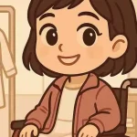 Moda adattiva: i 10 top adaptive brand 2 Modella chibi con disabilità indossa outfit adattivo in toni caldi e inclusivi