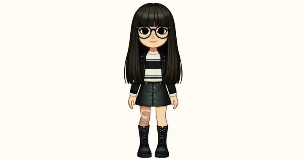 Tre avatar chibi inclusivi con cicatrici, outfit neri e dettagli fieri e unici