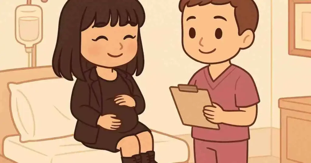 Evoluzione della diagnosi prenatale 6 Donna chibi incinta in sala d’attesa ospedaliera, serena, con mano sul pancione