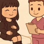 Donna chibi incinta in sala d’attesa ospedaliera, serena, con mano sul pancione