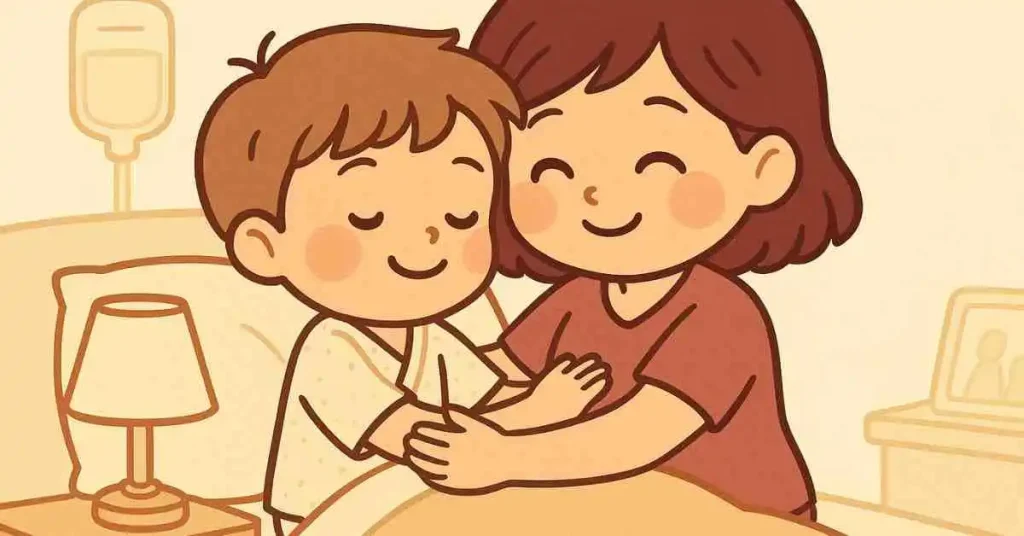 Come curare un bambino in ospedale 5 Mamma chibi abbraccia il figlio in ospedale, sorridono con calore e affetto