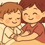 Mamma chibi abbraccia il figlio in ospedale, sorridono con calore e affetto