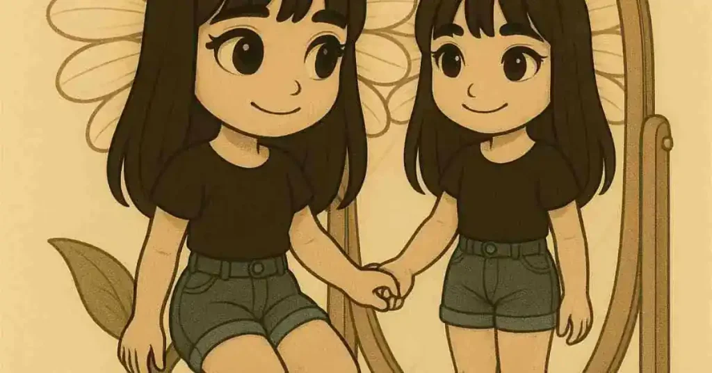 Come promuovere la body positivity sui social 4 Ragazza chibi si specchia e tiene la mano al riflesso, entrambe sorridono, fiori