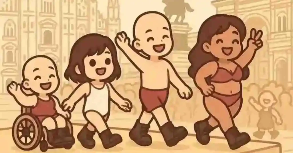 Quattro personaggi chibi in costume da bagno sfilano sorridenti in Piazza Duomo per Body positive Catwalk 2025