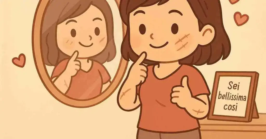 L'ossessione di nascondere le imperfezioni 8 Ragazza chibi allo specchio indica le cicatrici, accanto lavagna: 'Sei bellissima'