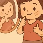 Ragazza chibi allo specchio indica le cicatrici, accanto lavagna: 'Sei bellissima'