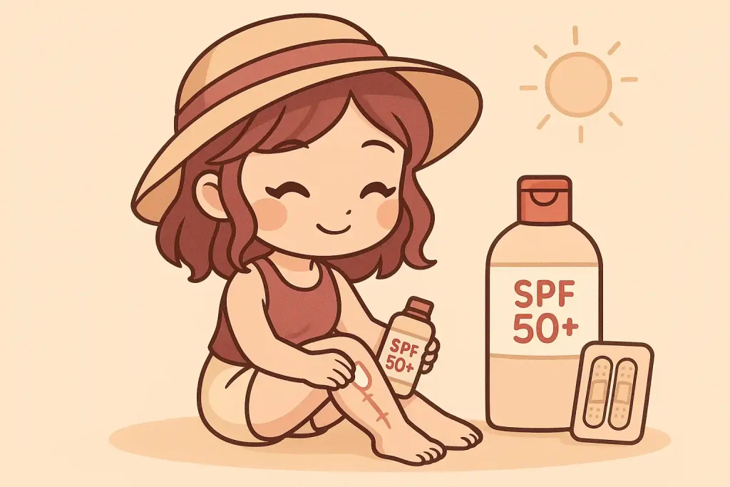 Ragazza chibi mette crema solare su cicatrice alla gamba, per proteggere le cicatrici dal sole