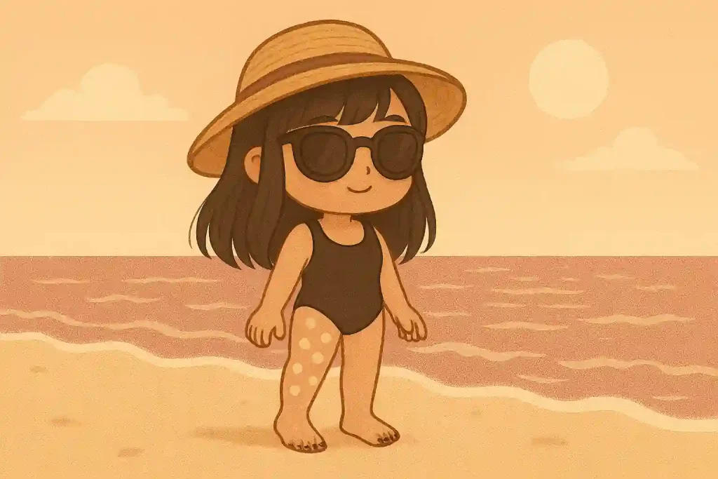 Raccontare l’estate con uno sguardo inclusivo: una donna sulla spiaggia, fiera delle sue cicatrici, simbolo di resilienza e accettazione del corpo.