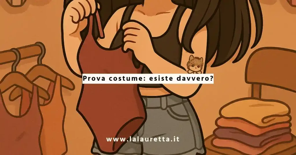 Ragazza con espressione incerta mentre osserva un costume da bagno rosso, circondata da altri costumi e asciugamani piegati, con la scritta “Prova costume: esiste davvero?”.