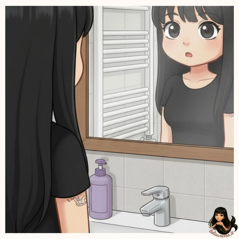 Veus Chibi (Laura) si guarda di profilo in uno specchio da bagno. Il suo iconico look con eyeliner, capelli neri e corporatura esile enfatizza l'autoaccettazione e la body positivity. La scena cattura un momento di riflessione sulla disabilità motoria e l'unicità del corpo.