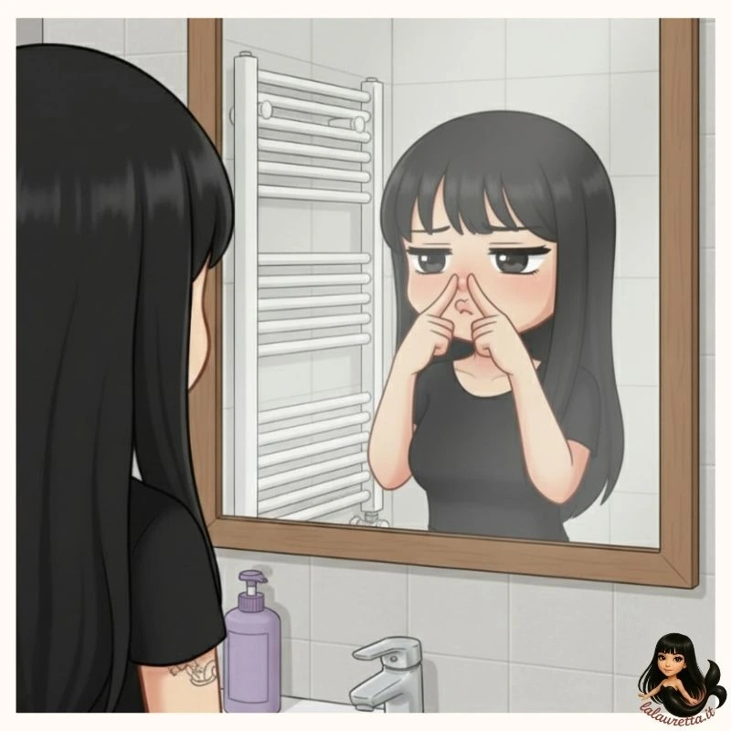 Veus Chibi (Laura) si guarda di profilo in uno specchio da bagno con le mani sul nasino e la faccia insoddisfatta