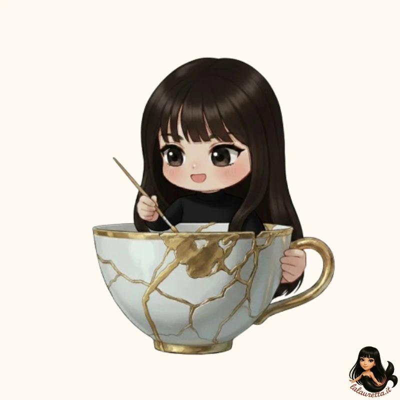 Veus emerge da una tazza riparata con la tecnica Kintsugi