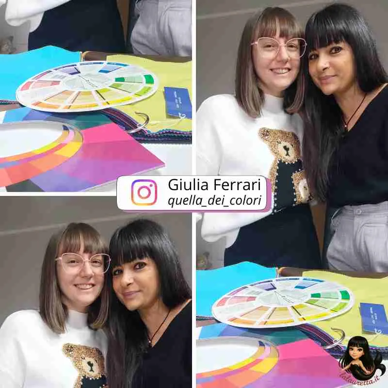 Collage di foto con Giulia Ferrari e La Lauretta durante una seduta di armocromia