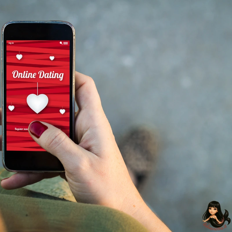 Conoscere persone online: dating e disabilità 4 Primo piano di una mano femminile con unghie smaltate di rosso scuro che impugna uno smartphone nero. Sullo schermo, un'app di appuntamenti con sfondo rosso a coste e testo "Online Dating" in bianco, con cuori bianchi appesi. In basso a destra, l'avatar chibi di Laura (Veus) del blog lalauretta.it.